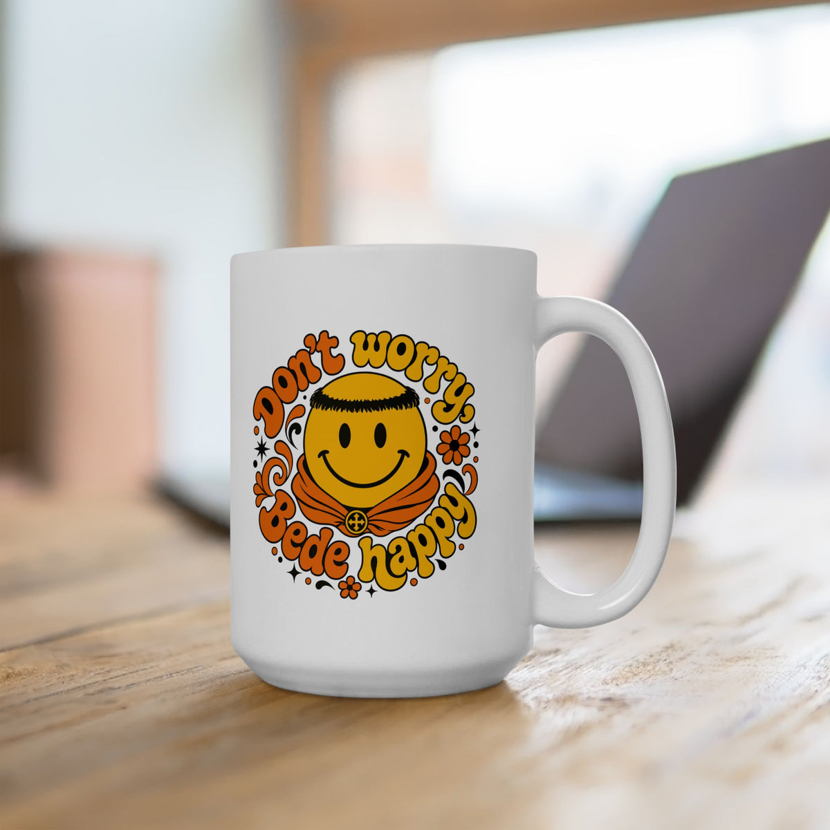 70s Style Don't Worry Venerable Bede Happy Ceramic Mug, (11oz, 15oz)