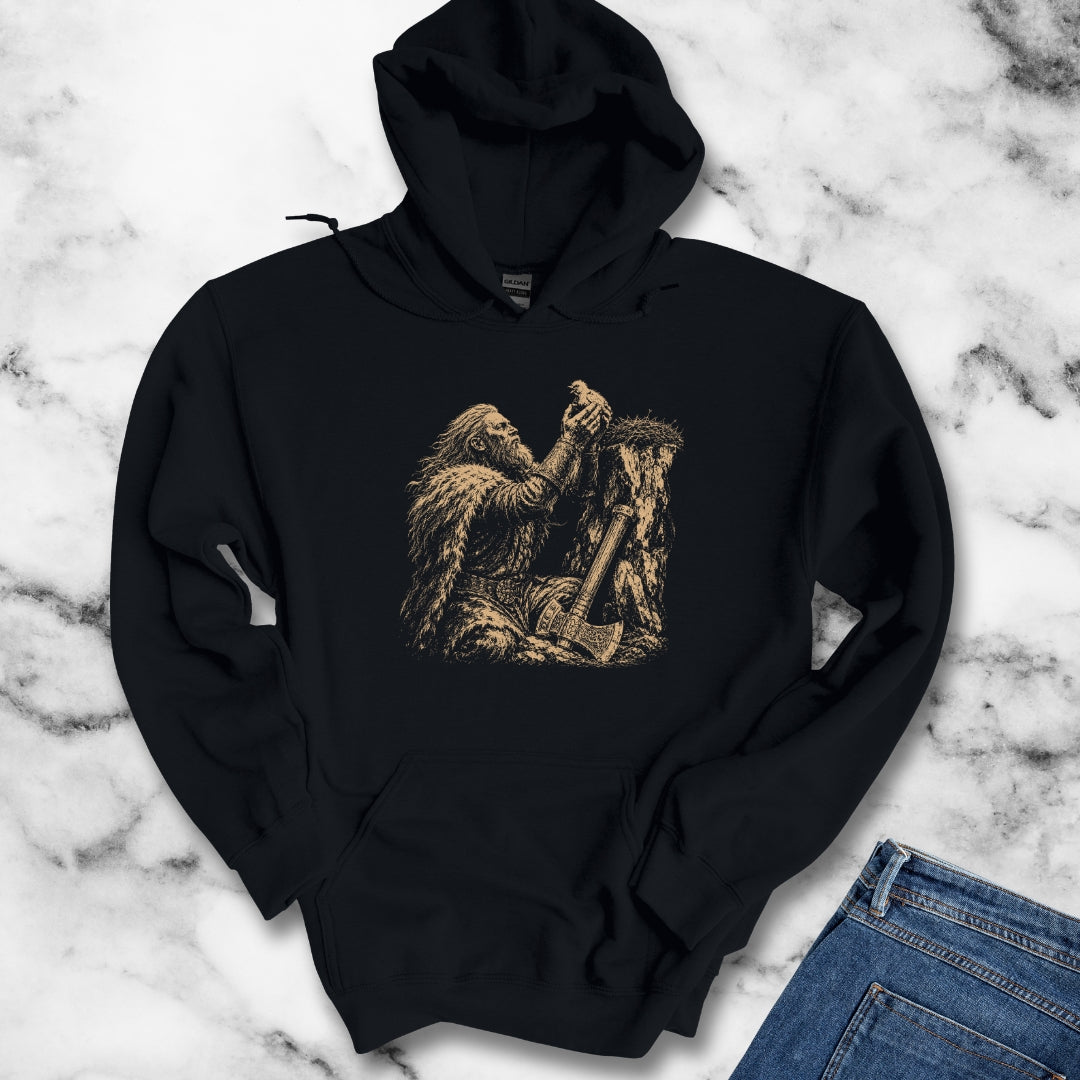 Viking Placing a Baby Bird in Nest Hoodie