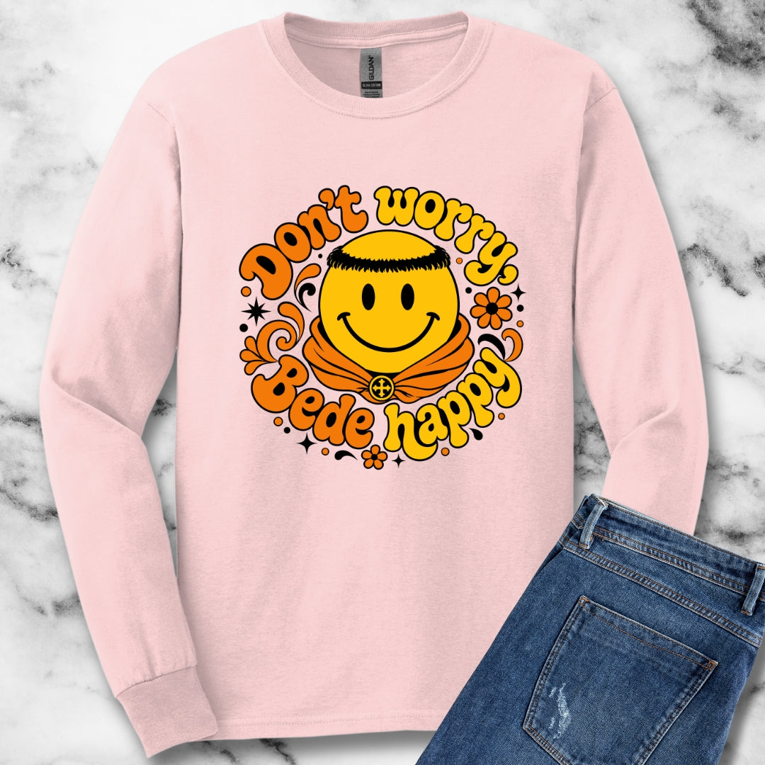 70s Style Don't Worry Venerable Bede Happy Unisex Long Sleeve Tee
