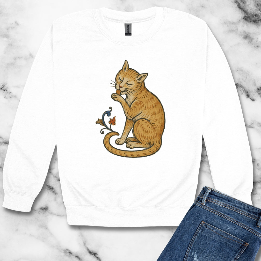 Medieval Marginalia Cat Licking Itself Unisex Heavy Crewneck Sweatshirt