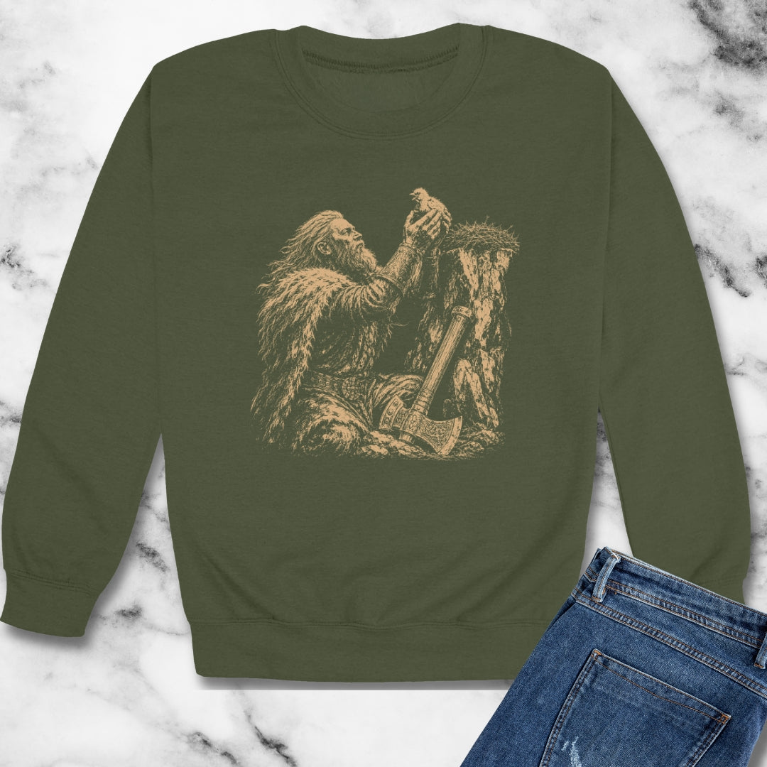Viking Placing a Baby Bird in Nest Unisex Heavy Crewneck Sweatshirt