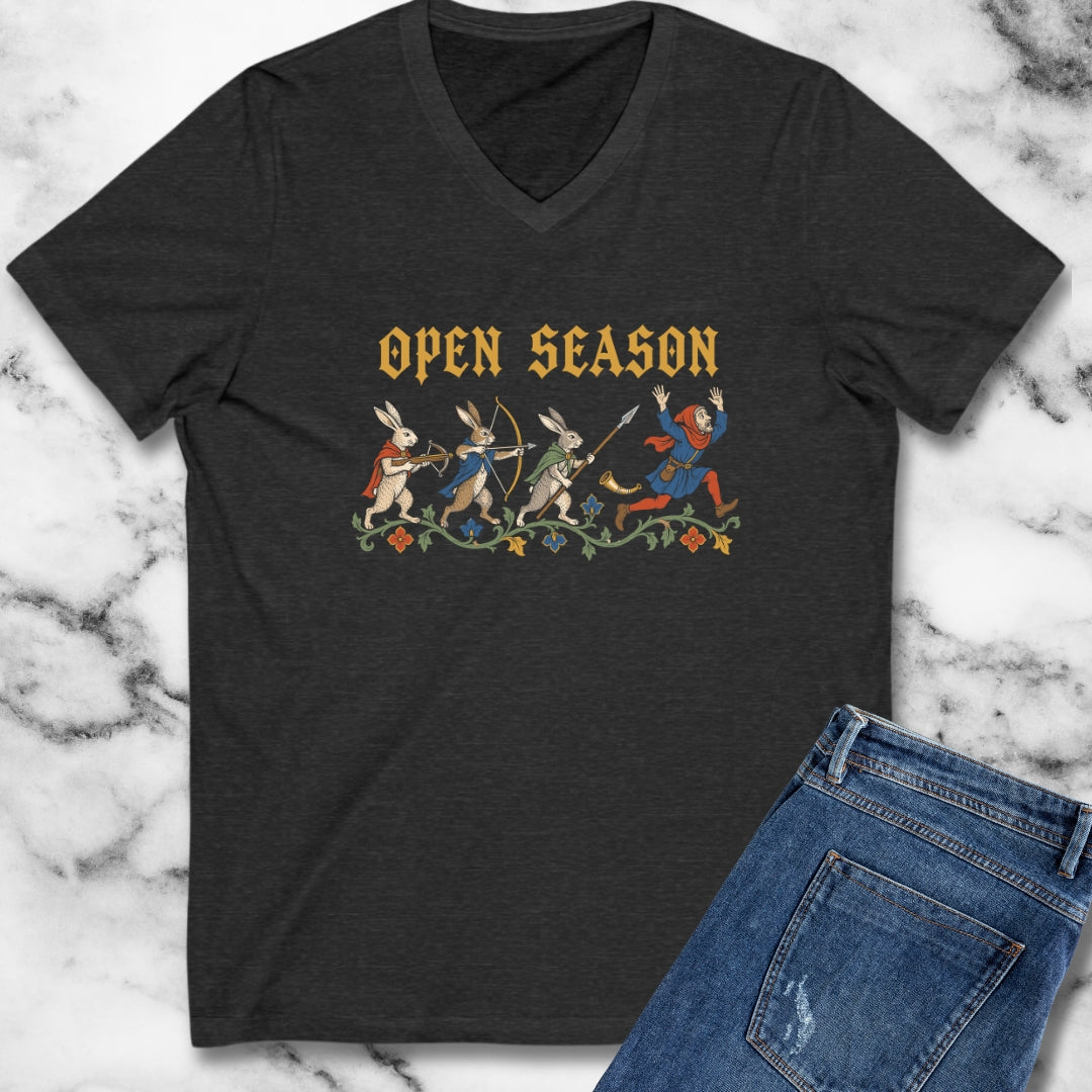 Open Season Medieval Marginalia Rabbits V-Neck