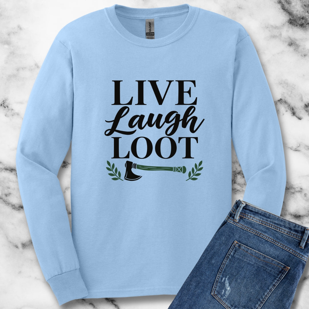 Live Laugh Loot Farmhouse Sign Unisex Long Sleeve Tee