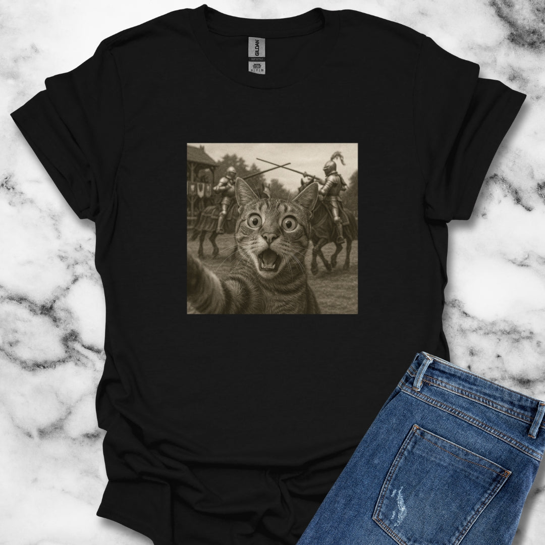 Cat Selfie with Medieval Knights Jousting T-Shirt