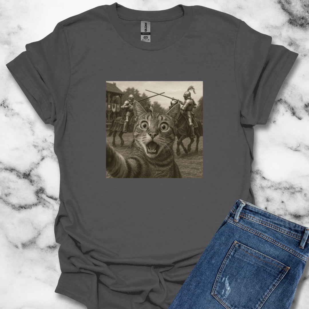 Cat Selfie with Medieval Knights Jousting T-Shirt