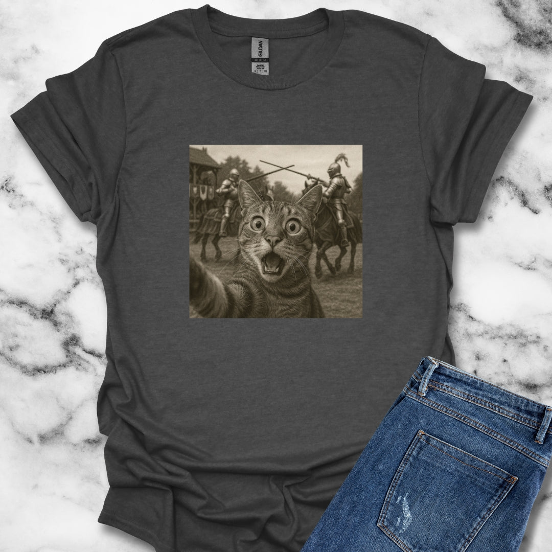 Cat Selfie with Medieval Knights Jousting T-Shirt