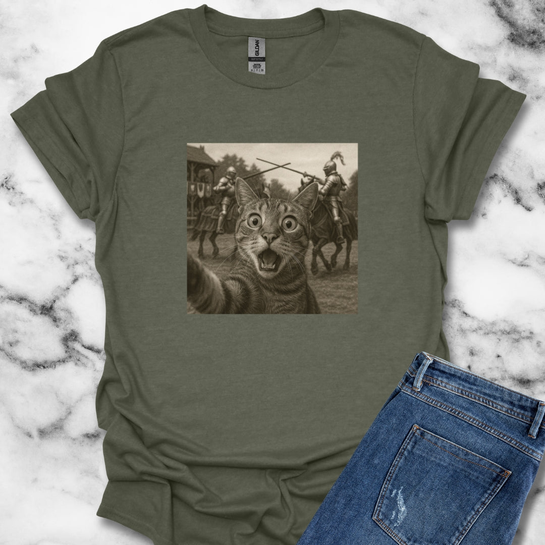 Cat Selfie with Medieval Knights Jousting T-Shirt