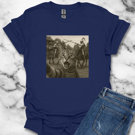 Cat Selfie with Medieval Knights Jousting T-Shirt