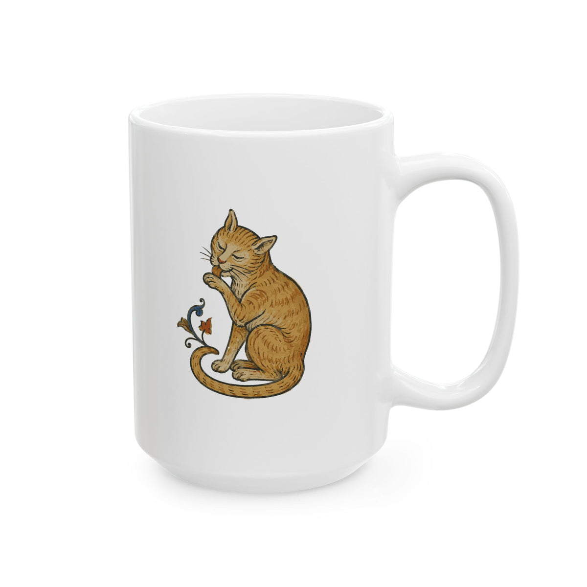 Medieval Marginalia Cat Licking Itself Ceramic Mug, (11oz, 15oz)