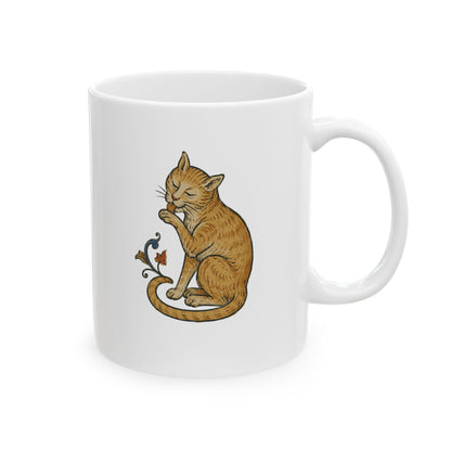 Medieval Marginalia Cat Licking Itself Ceramic Mug, (11oz, 15oz)