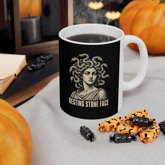 Medusa Resting Stone Face Monochrome Ceramic Mug, (11oz, 15oz)