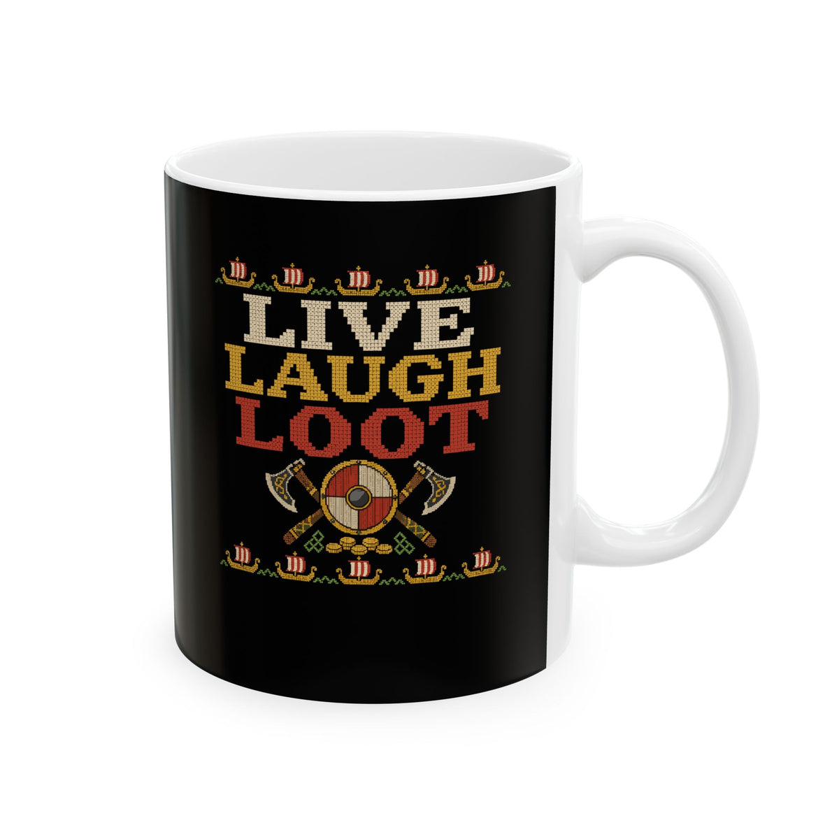 Live Laugh Loot Cross Stitch Ceramic Mug, (11oz, 15oz)