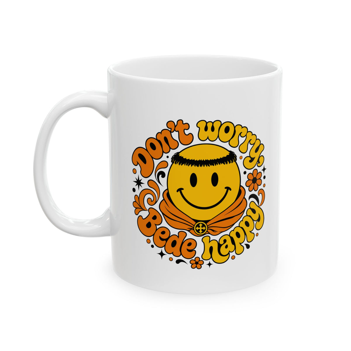 70s Style Don't Worry Venerable Bede Happy Ceramic Mug, (11oz, 15oz)