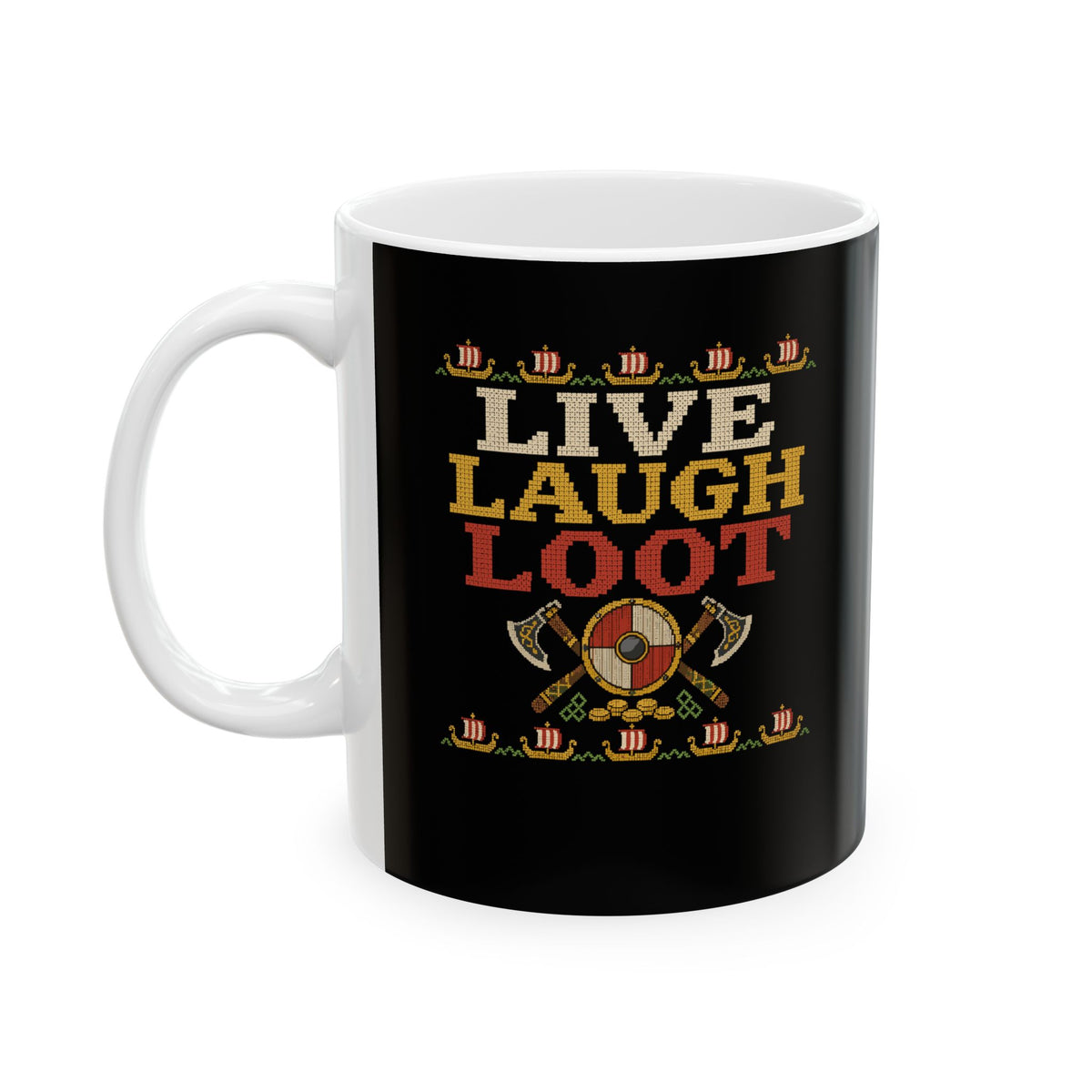 Live Laugh Loot Cross Stitch Ceramic Mug, (11oz, 15oz)