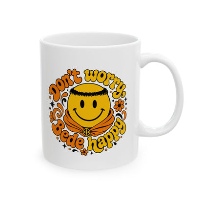 70s Style Don't Worry Venerable Bede Happy Ceramic Mug, (11oz, 15oz)