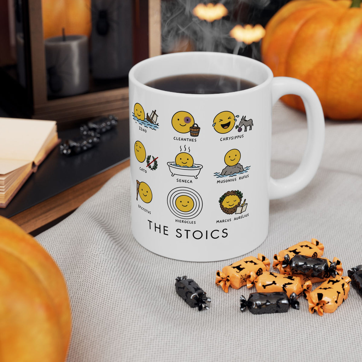 Stoic Smiley Philosophy Grid Ceramic Mug, (11oz, 15oz)