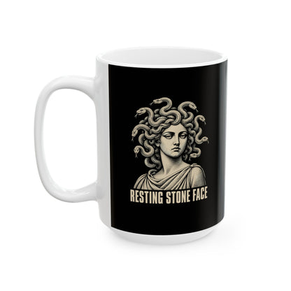 Medusa Resting Stone Face Monochrome Ceramic Mug, (11oz, 15oz)