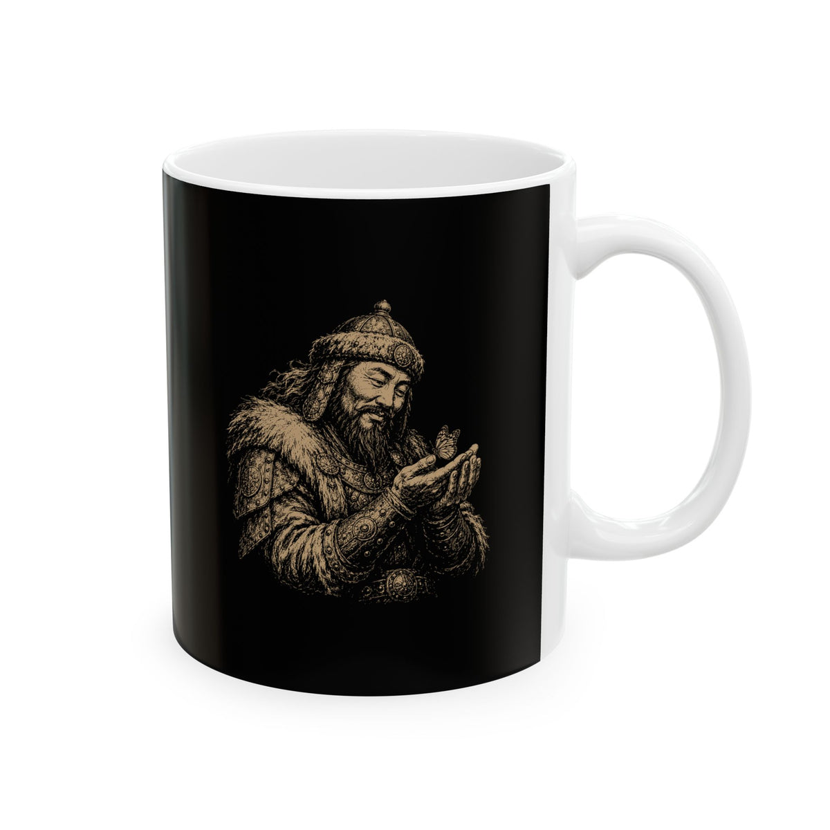 Genghis Khan Holding a Butterfly Ceramic Mug, (11oz, 15oz)
