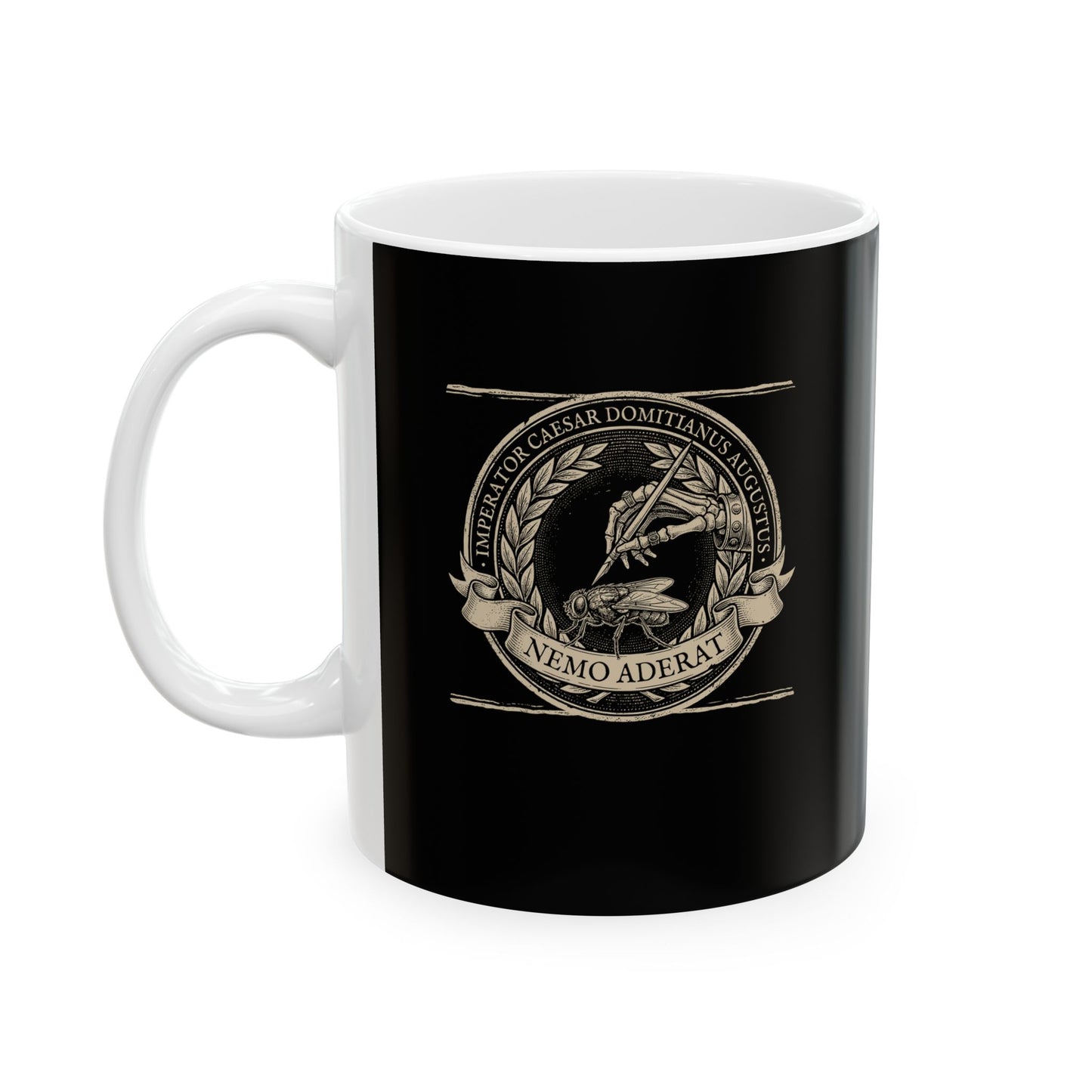 Emperor Domitian Fly Stylus Nobody Here in Latin Ceramic Mug, (11oz, 15oz)