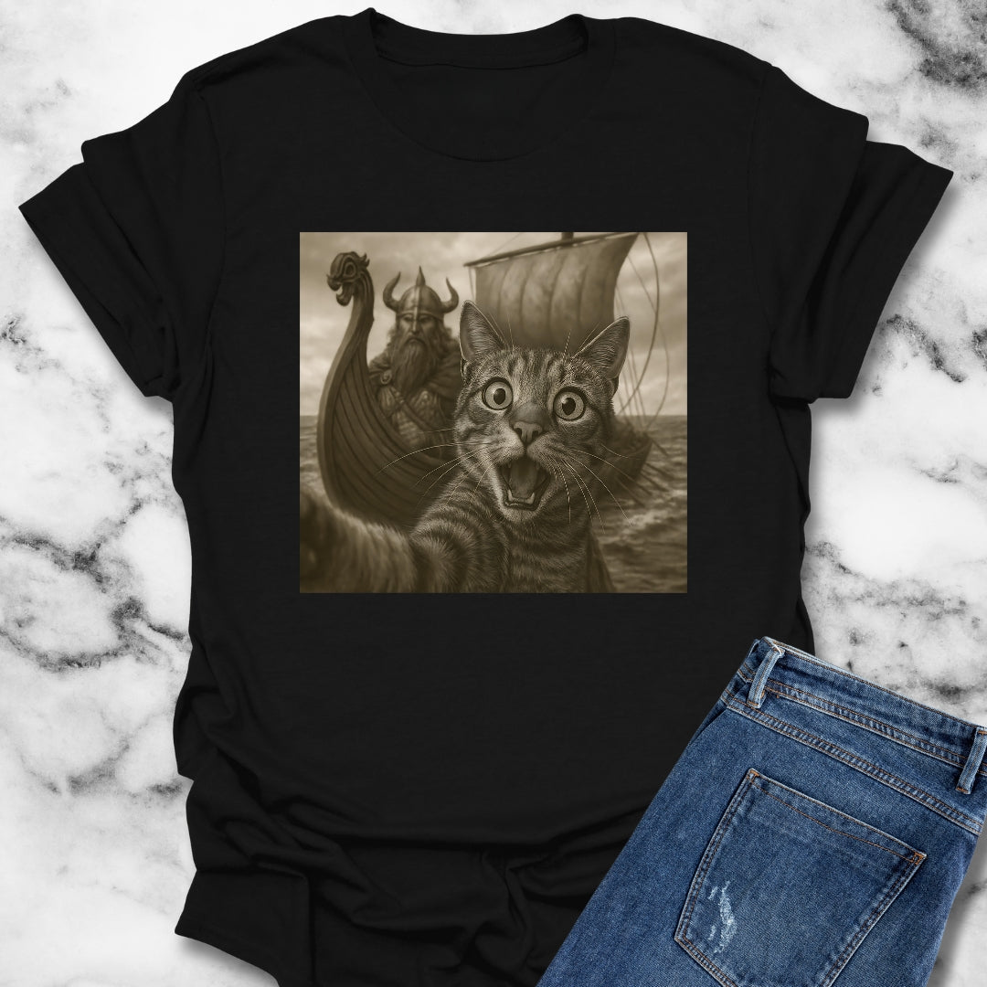 Cat Selfie with Viking Unisex Lightweight T-Shirt