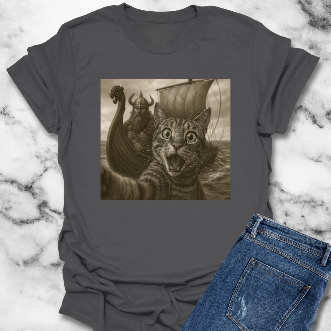 Cat Selfie with Viking Unisex Lightweight T-Shirt
