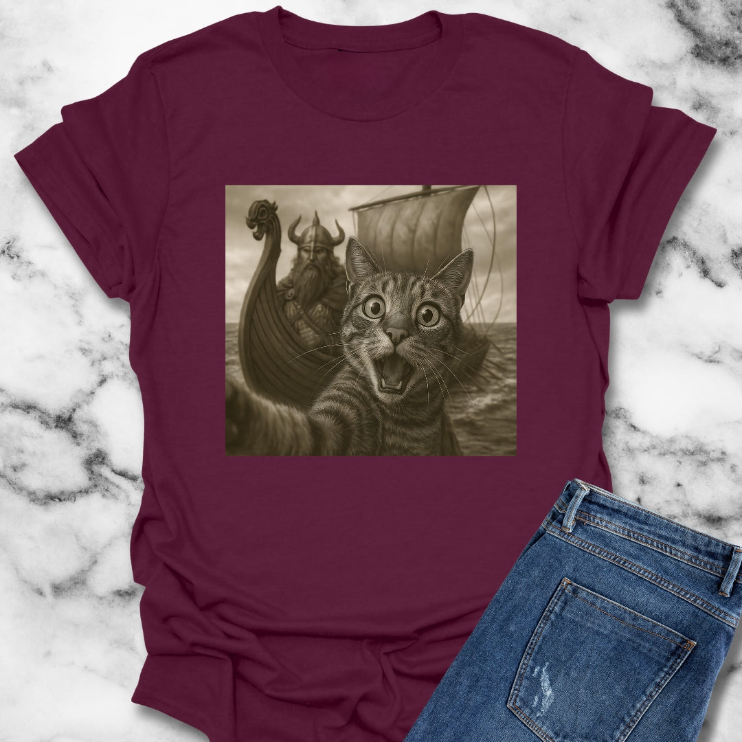 Cat Selfie with Viking Unisex Lightweight T-Shirt