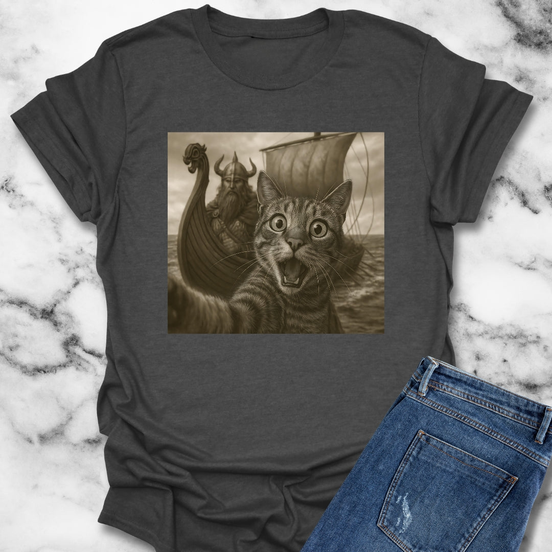 Cat Selfie with Viking Unisex Lightweight T-Shirt
