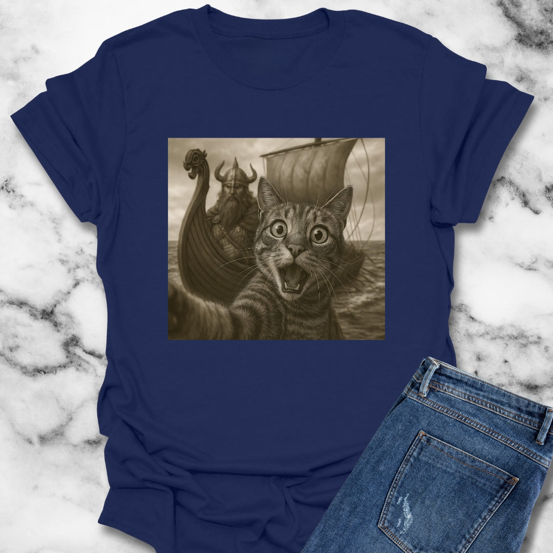 Cat Selfie with Viking Unisex Lightweight T-Shirt