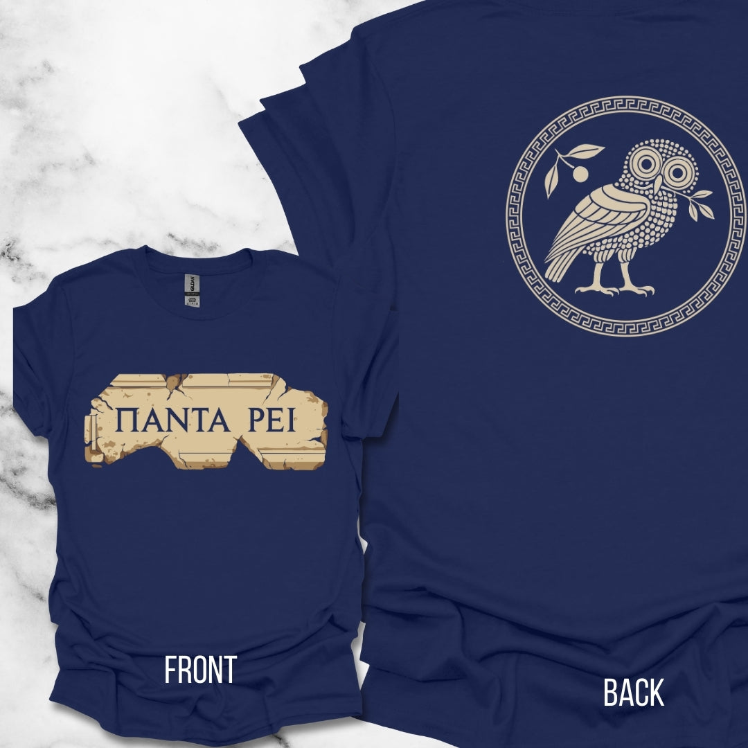 Everything Flows Greek Athens Owl Back Print T-Shirt