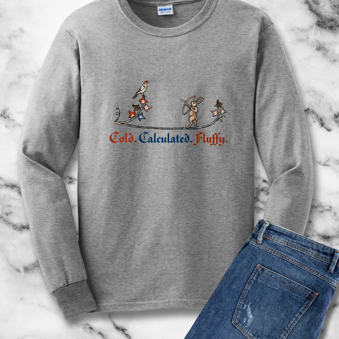 Cold Calculated Fluffy Rabbit Archer Medieval Marginalia Long Sleeve Tee