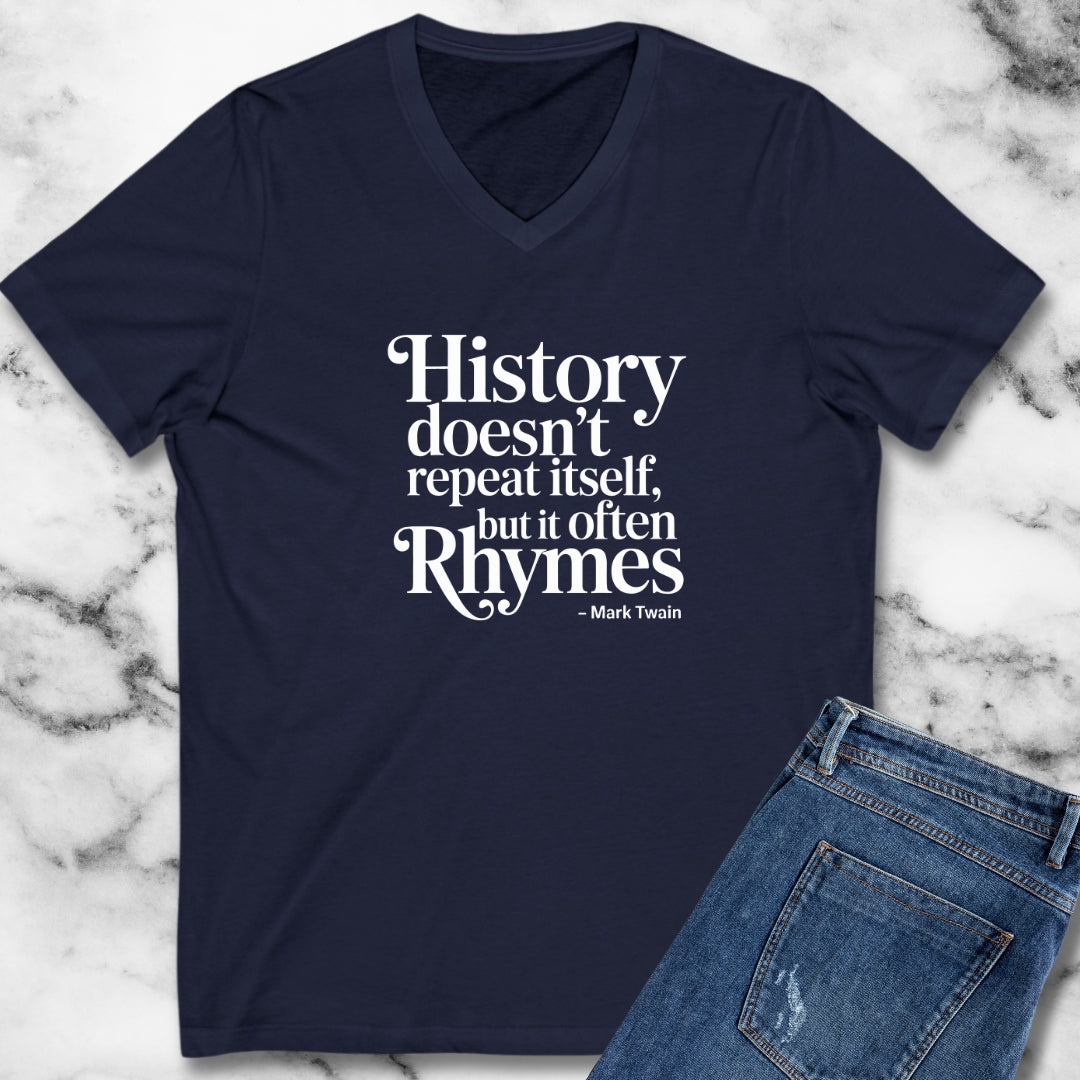 Mark Twain History Doesn't Repeat Quote V-Neck Tee