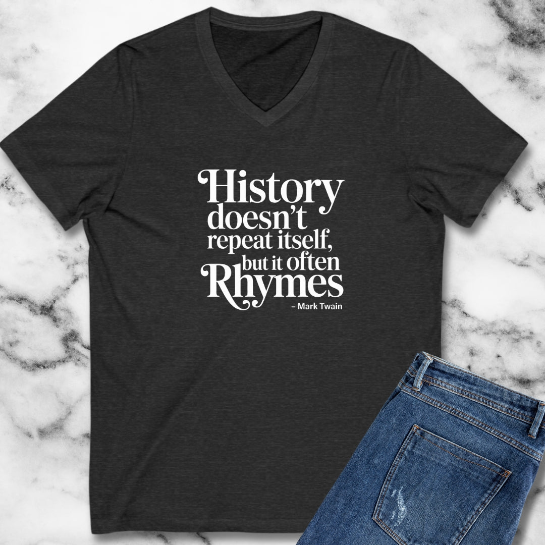 Mark Twain History Doesn't Repeat Quote V-Neck Tee