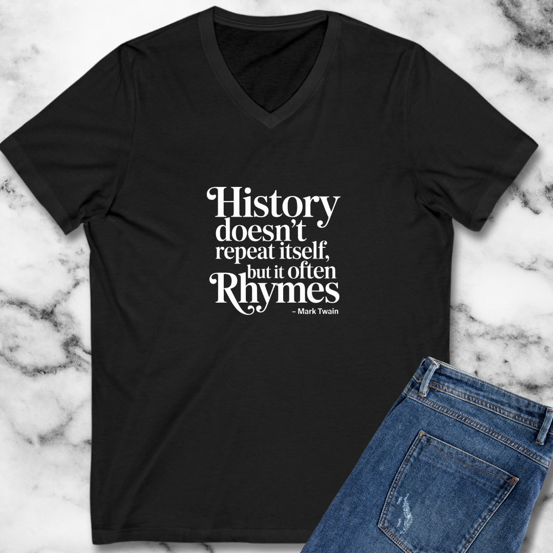 Mark Twain History Doesn't Repeat Quote V-Neck Tee