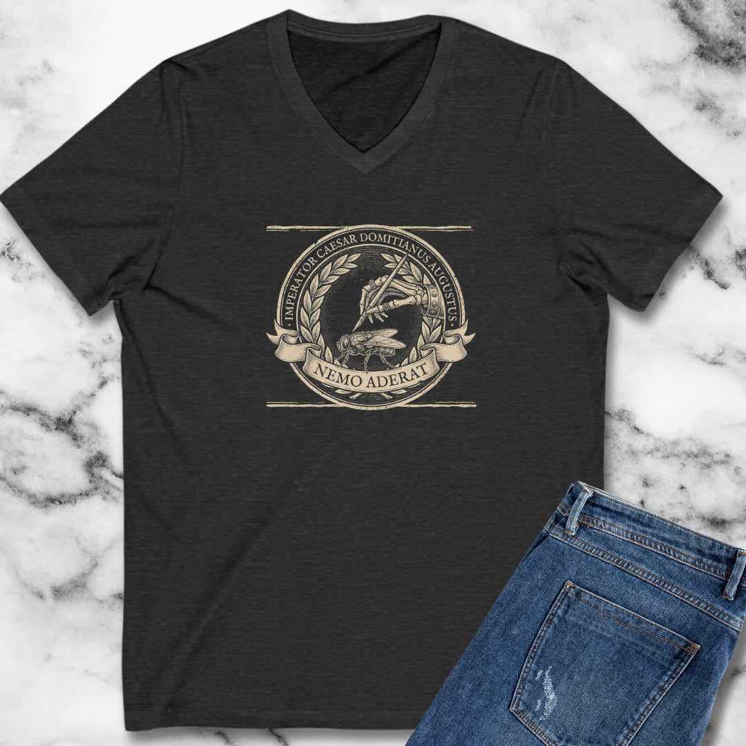 Emperor Domitian Fly Stylus Nobody Here in Latin V-Neck