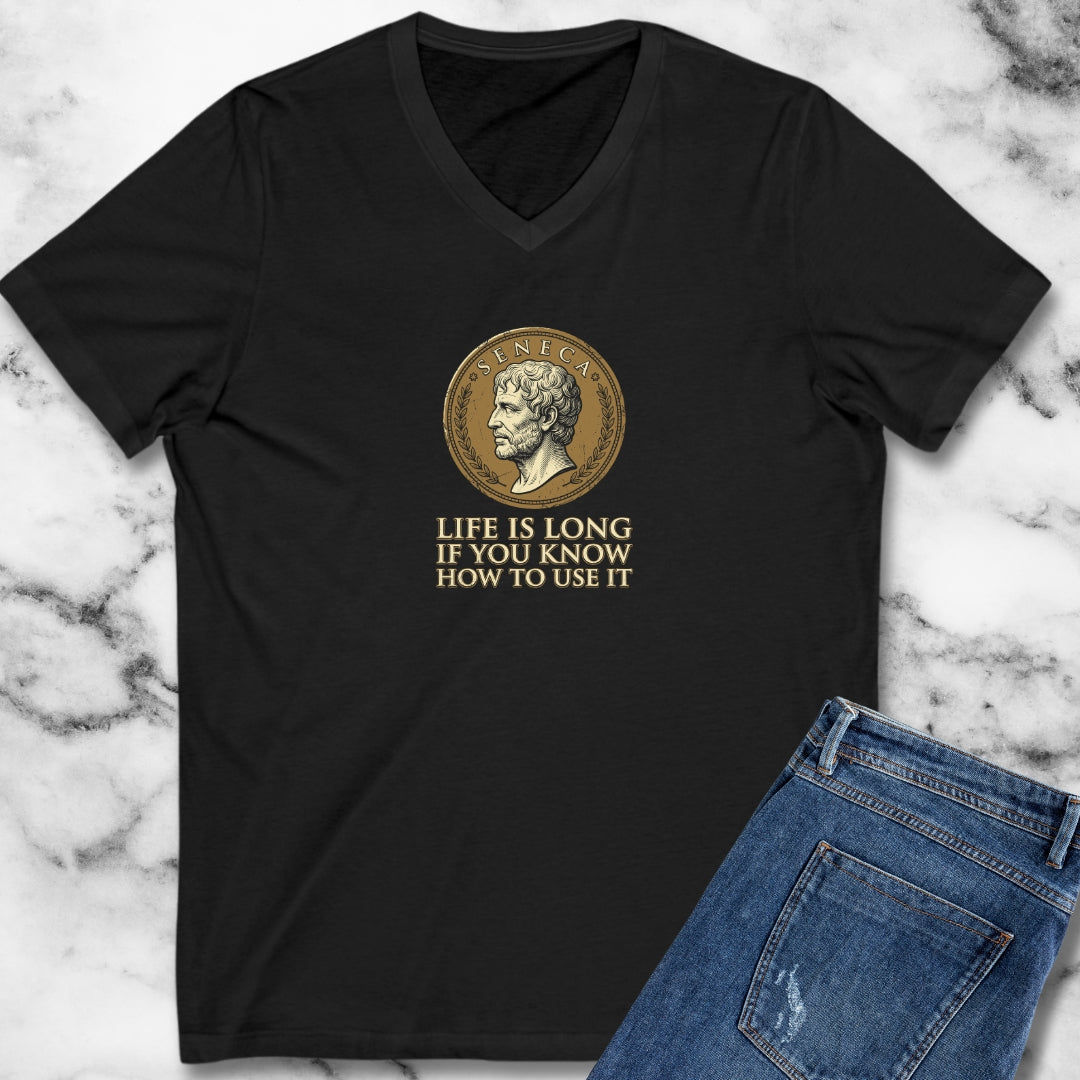 Seneca Life Is Long Quote Coin V-Neck