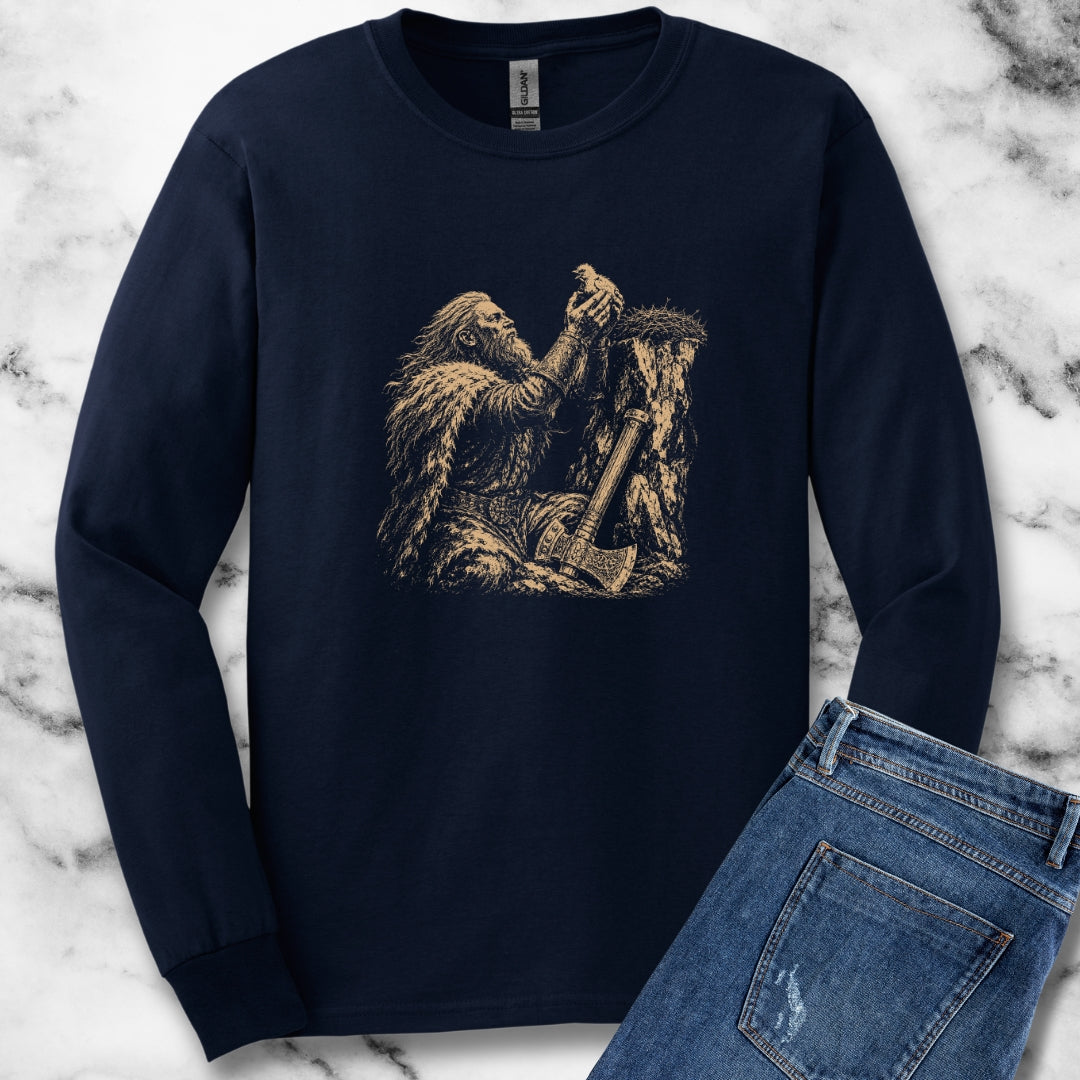 Viking Placing a Baby Bird in Nest Unisex Long Sleeve Tee