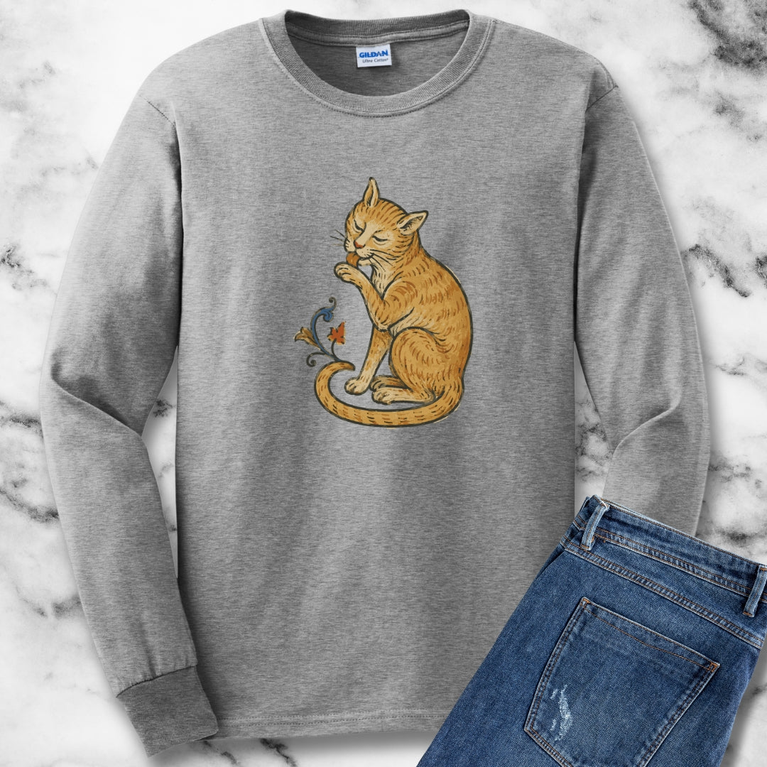 Medieval Marginalia Cat Licking Itself Unisex Long Sleeve Tee