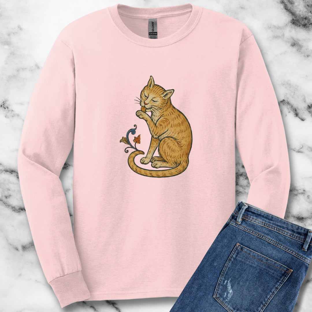 Medieval Marginalia Cat Licking Itself Unisex Long Sleeve Tee