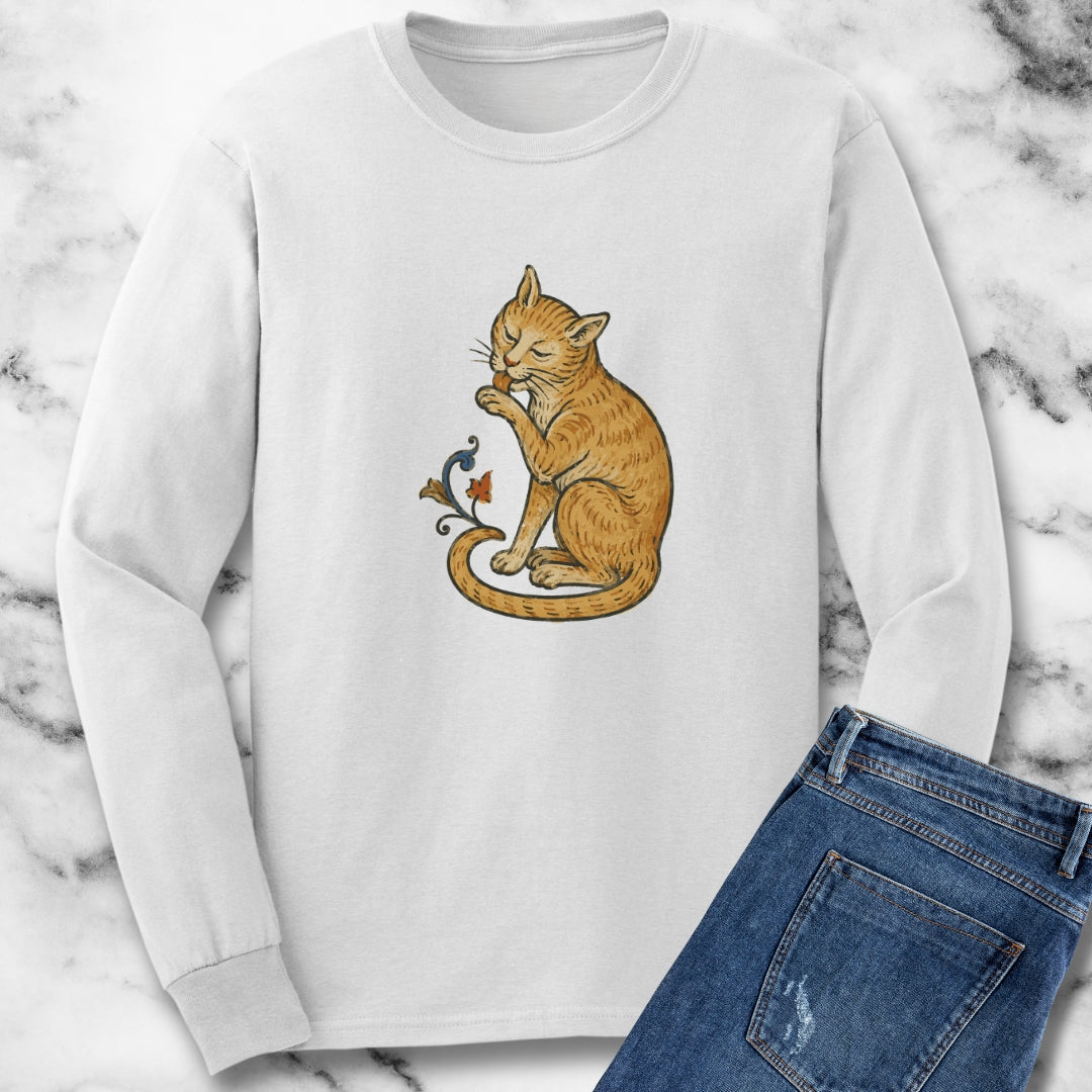 Medieval Marginalia Cat Licking Itself Unisex Long Sleeve Tee