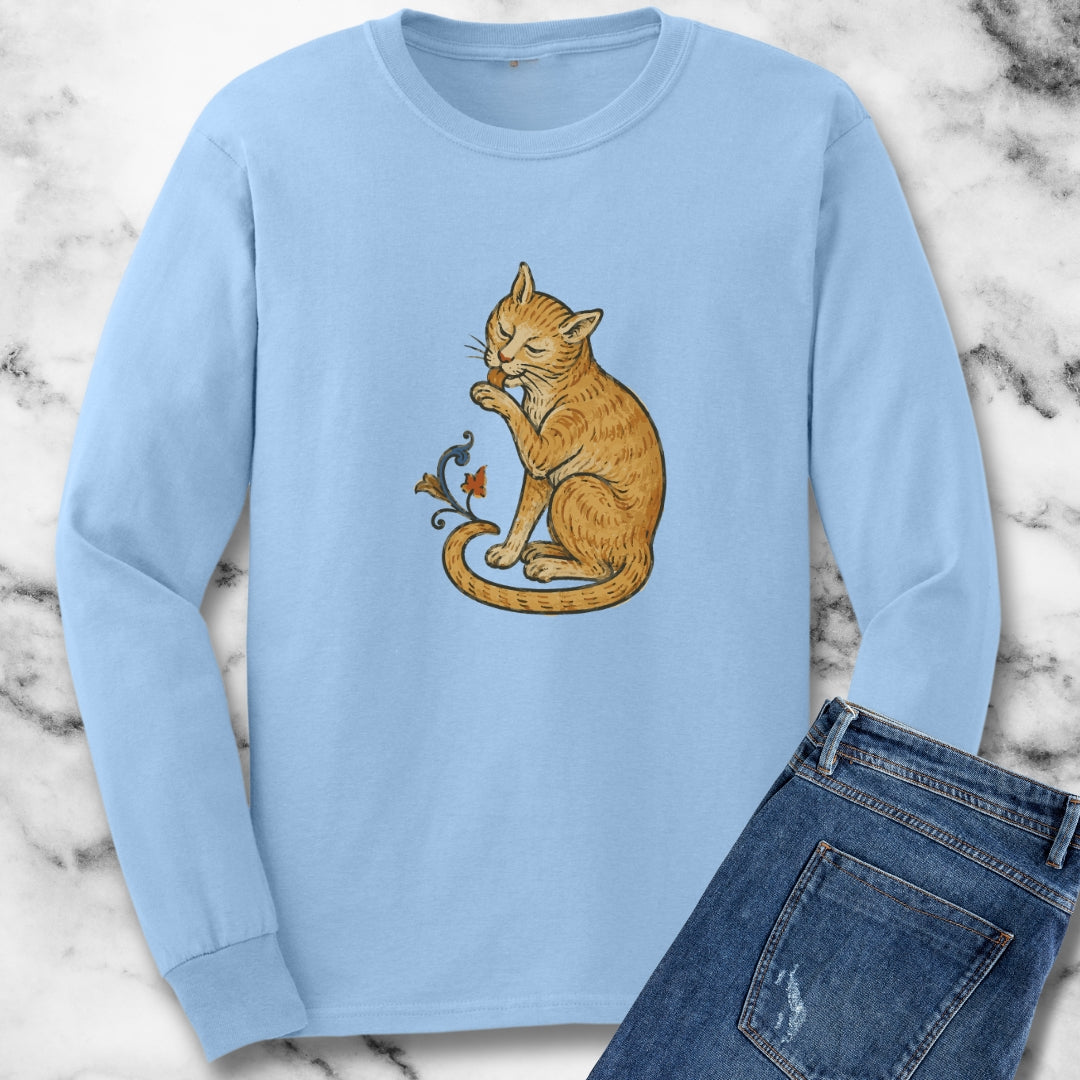 Medieval Marginalia Cat Licking Itself Unisex Long Sleeve Tee