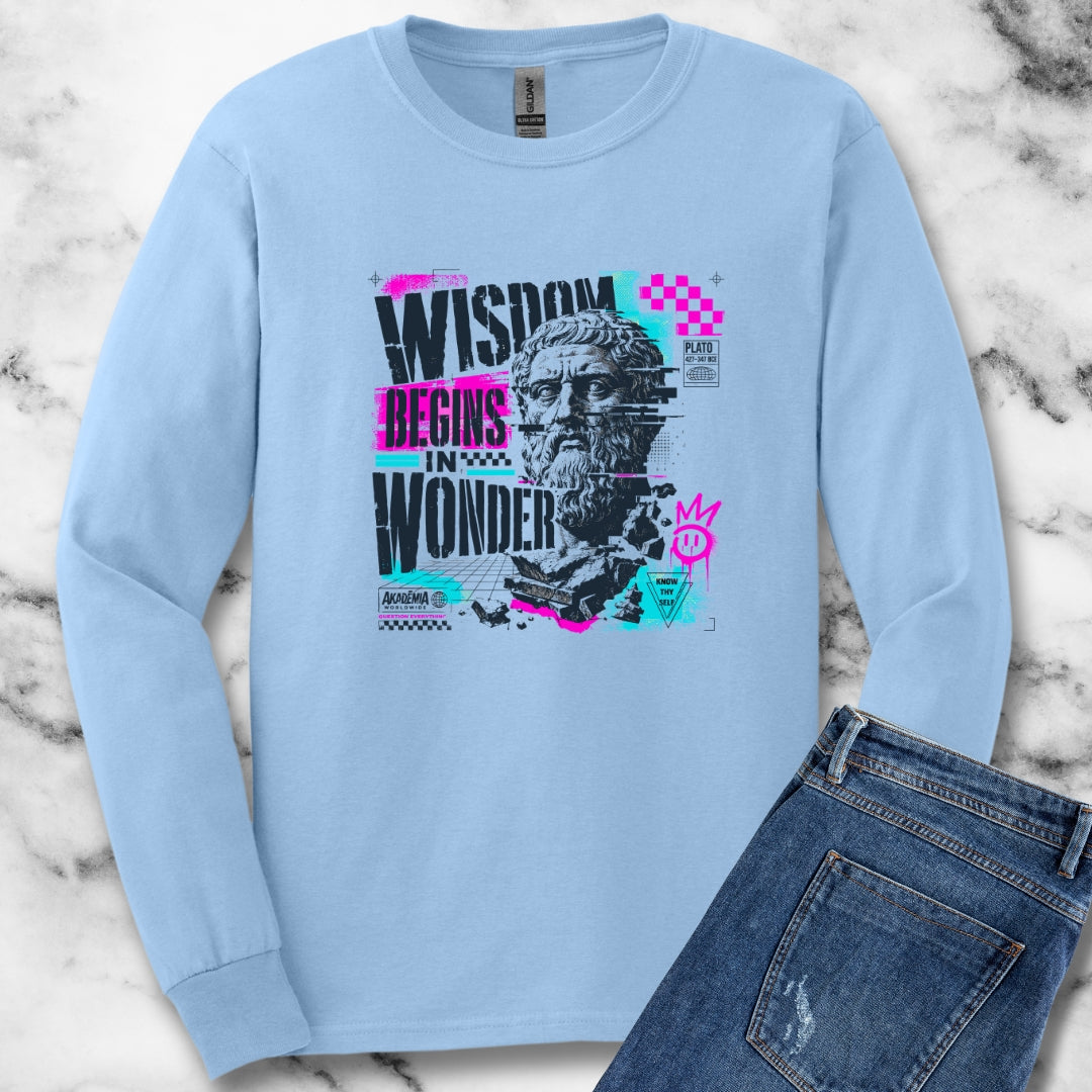 Plato Wisdom Begins in Wonder Unisex Long Sleeve Tee