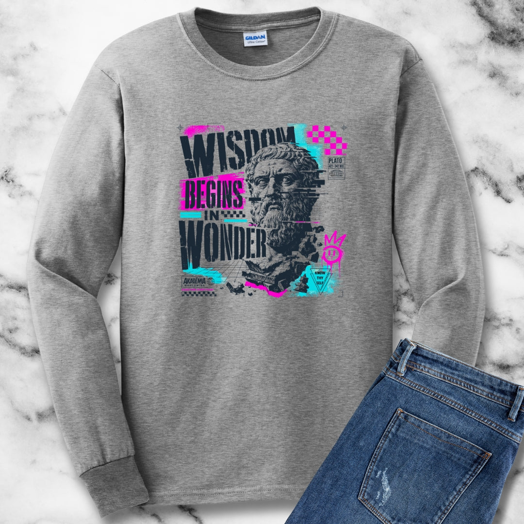 Plato Wisdom Begins in Wonder Unisex Long Sleeve Tee