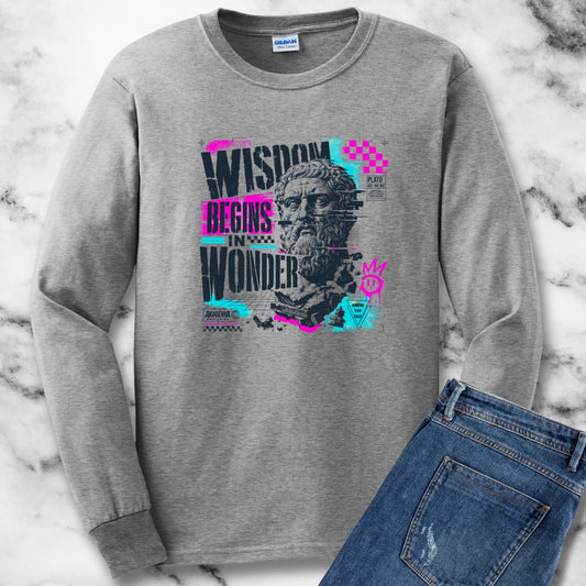 Plato Wisdom Begins in Wonder Unisex Long Sleeve Tee