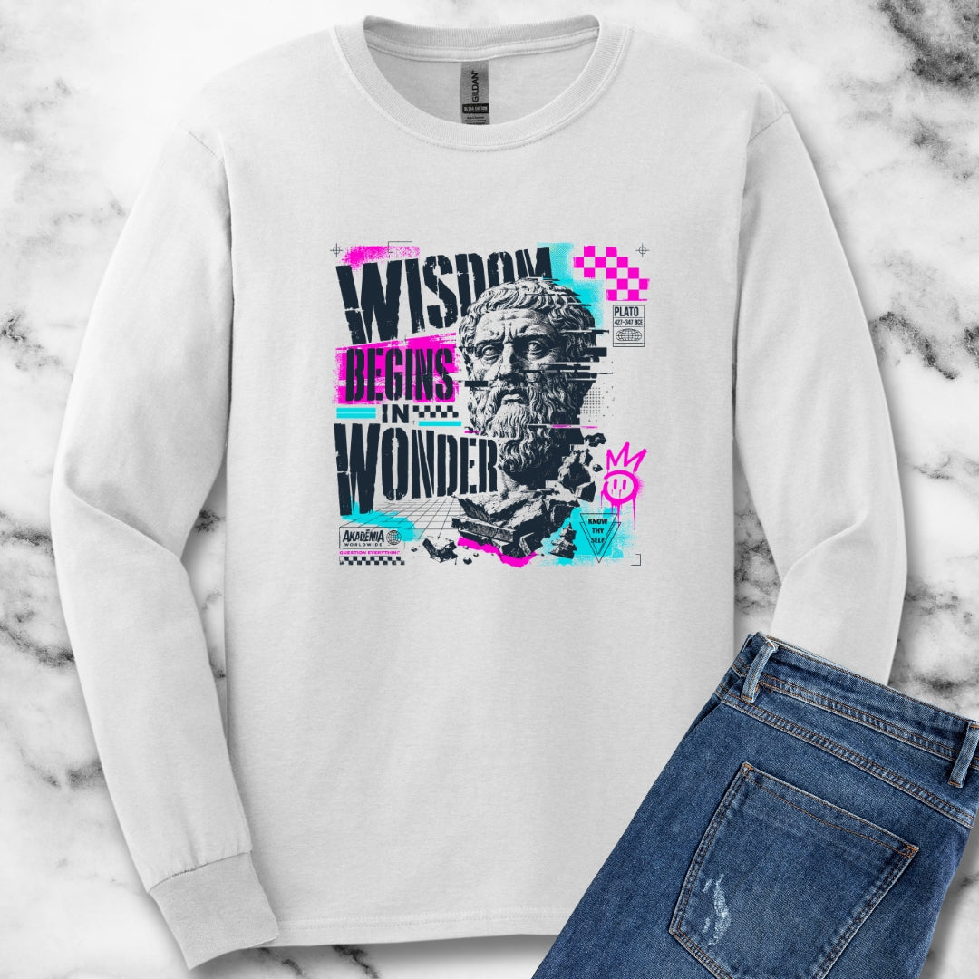 Plato Wisdom Begins in Wonder Unisex Long Sleeve Tee