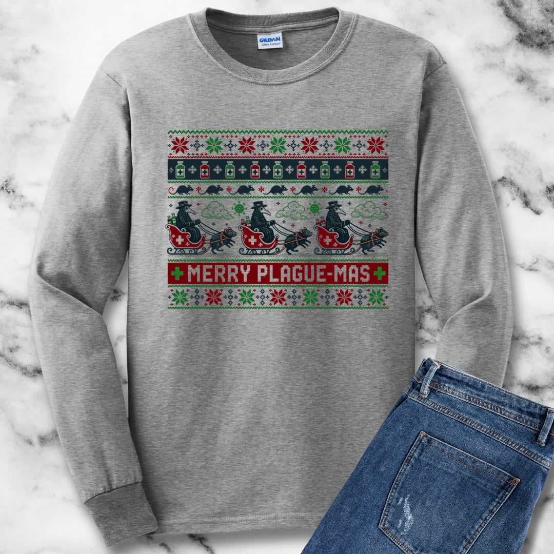 Ugly Sweater Style Merry Plaguemas Unisex Long Sleeve Tee