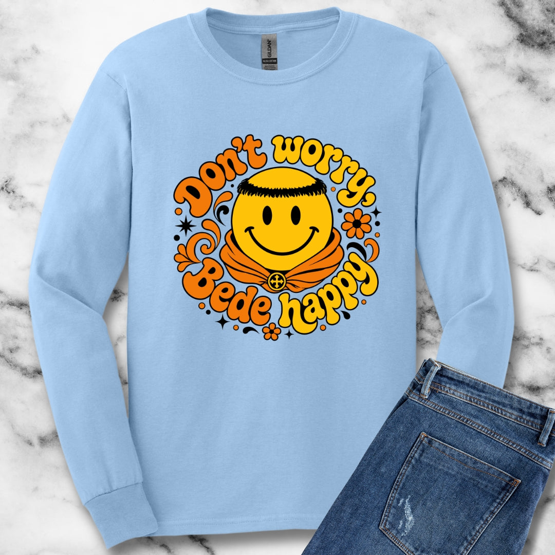 70s Style Don't Worry Venerable Bede Happy Unisex Long Sleeve Tee