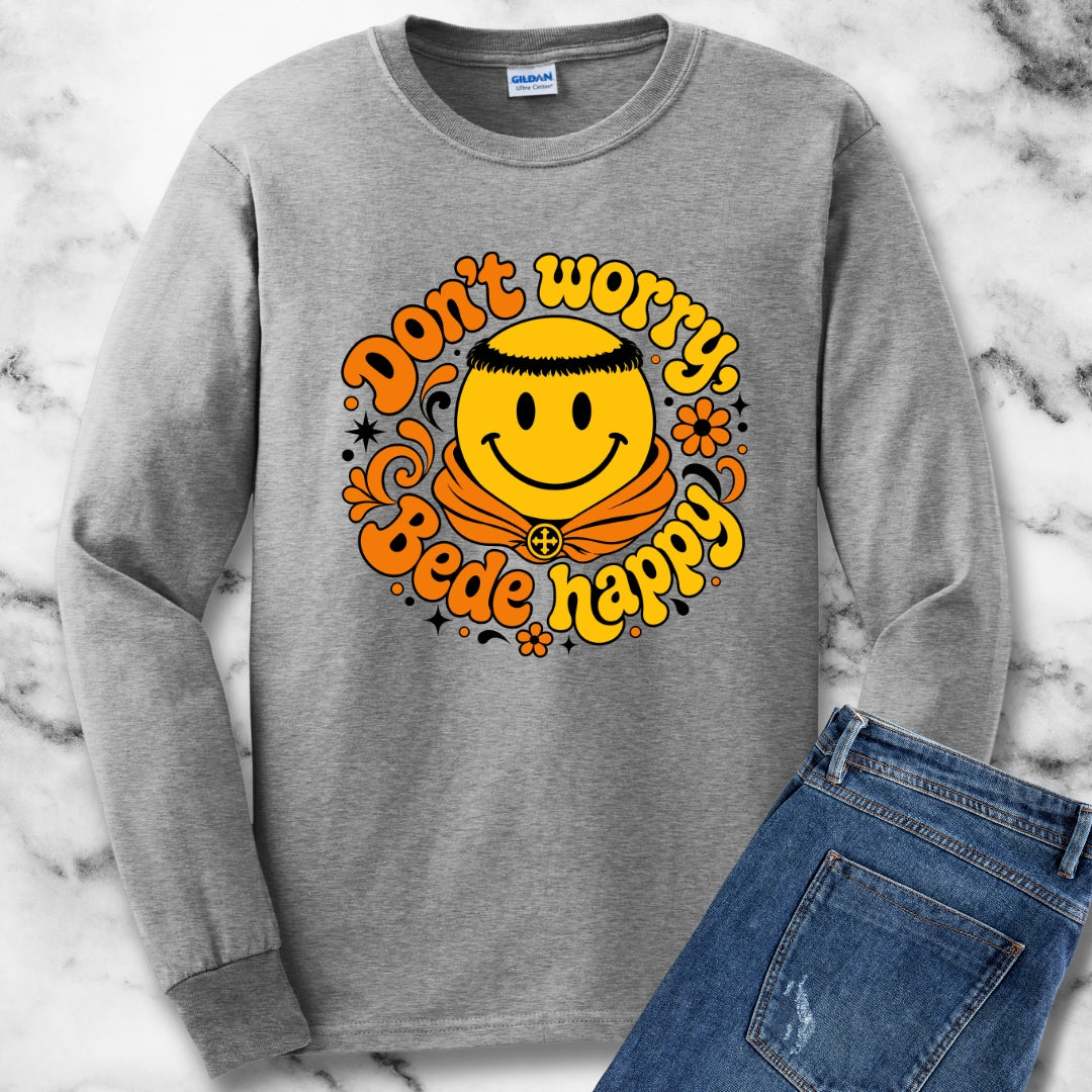 70s Style Don't Worry Venerable Bede Happy Unisex Long Sleeve Tee