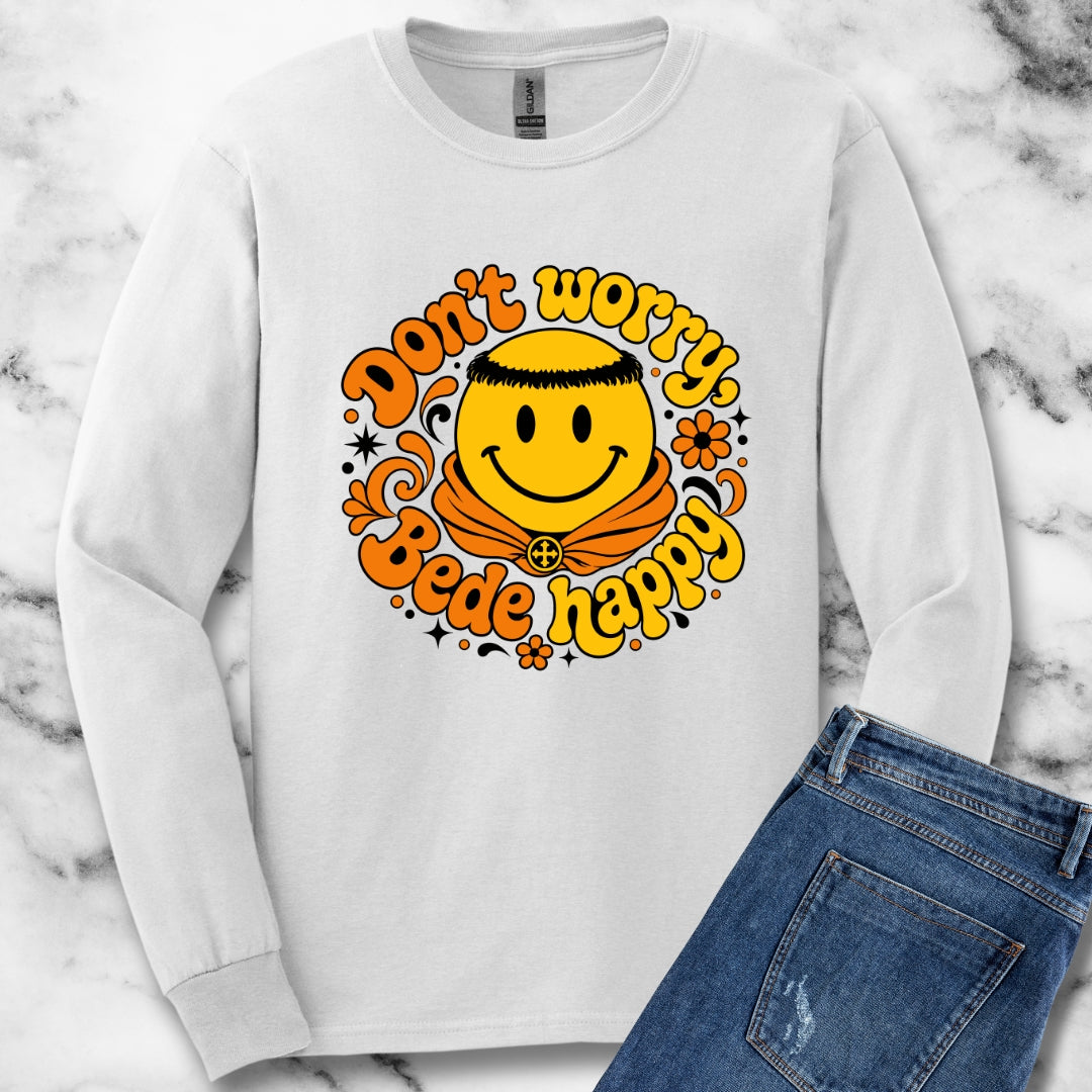 70s Style Don't Worry Venerable Bede Happy Unisex Long Sleeve Tee