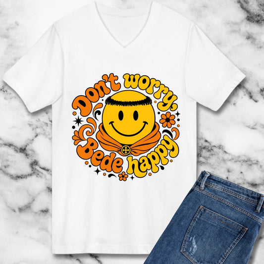 70s Style Don't Worry Venerable Bede Happy V-neck