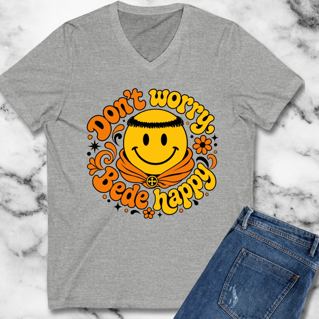 70s Style Don't Worry Venerable Bede Happy V-neck